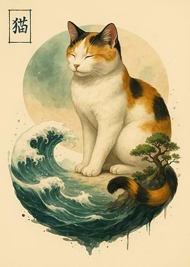 Calico Cat on Wave with Bonsai