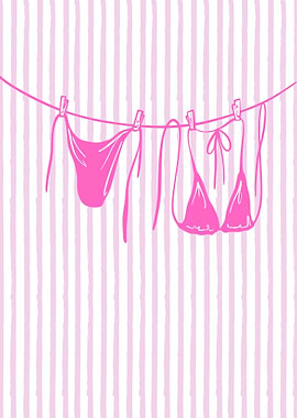 Pink Bikini on Clothesline Illustration