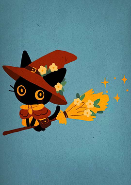 Cute Witch Cat on Broomstick Illustration