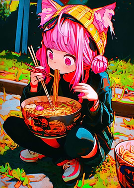 Anime Girl Eating Ramen Outdoors