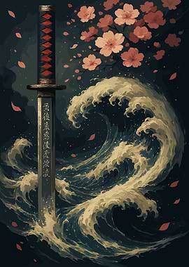 Katana, Wave, and Cherry Blossoms Art