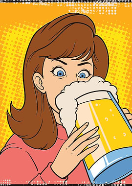 Woman drinking beer, pop art style