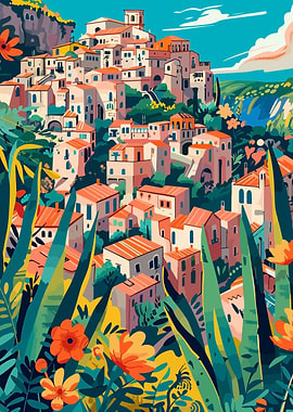 Colorful Italian Mediterranean Village Town Abstract Minimalist Illustration Art