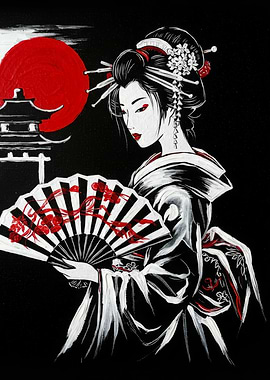 Geisha with Fan in Black and White