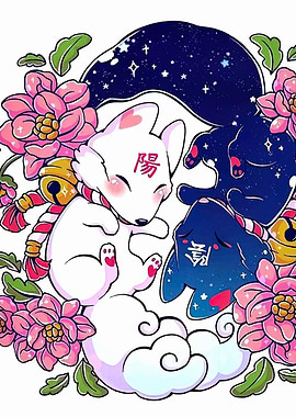 Yin Yang Foxes with Flowers