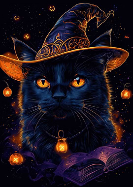 Halloween Cat Witch with Book
