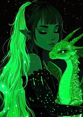 Elf Girl with Dragon, Green Aesthetic