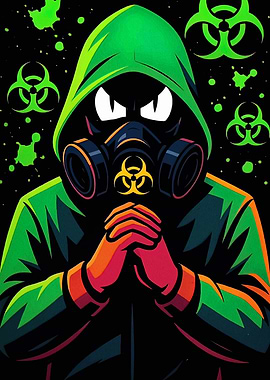 Hooded Figure with Gas Mask and Biohazard