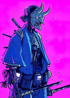Cyberpunk Oni Robot Samurai Illustration