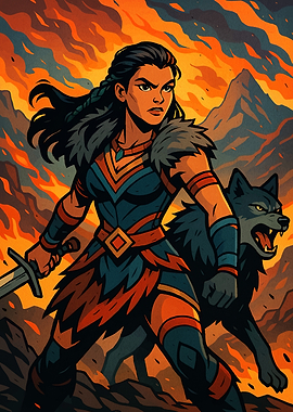 Warrior Woman Wolf Fiery