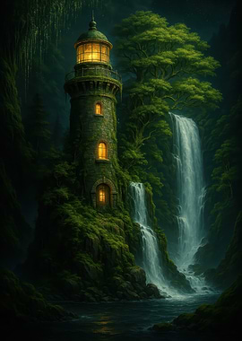 Lighthouse by Waterfall in Lush Forest