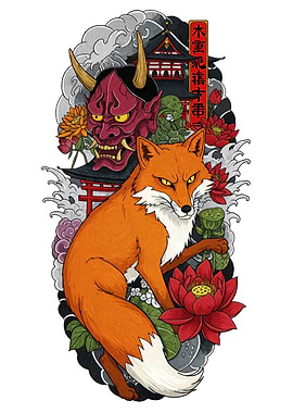 Fox, Oni Mask, and Japanese Architecture