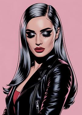 Woman in Leather Jacket Illustration Pop Art