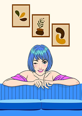Winking Woman on Blue Couch Illustration