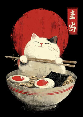Cat in Ramen Bowl with Chopsticks