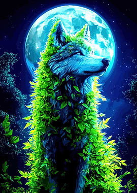 Wolf with leaves under the moon