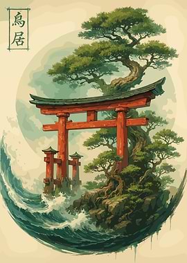 Japanese Torii Gate and Ocean Waves