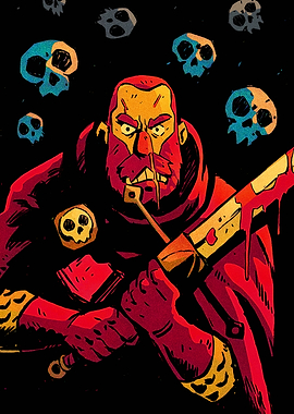 Red Warrior with Bloody Sword and Skulls