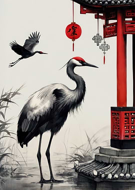 Elegant Cranes and Pagoda in Asian Landscape