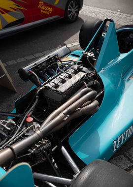 Teal Racing Car Engine Close-Up