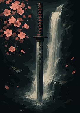 Katana and Waterfall with Cherry Blossoms