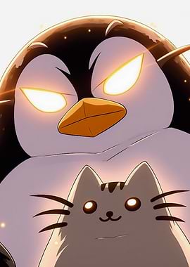 Penguin and Cat Cartoon Illustration