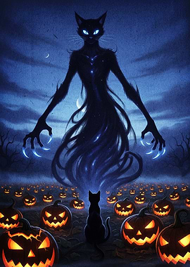 Halloween Cat Monster and Pumpkins