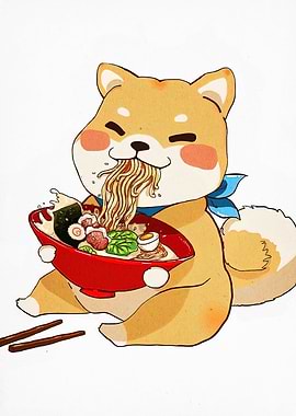 Shiba Inu eating ramen illustration