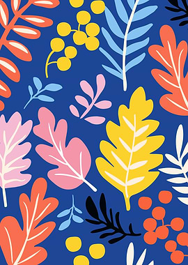 Colorful Leaf Pattern on Blue Background