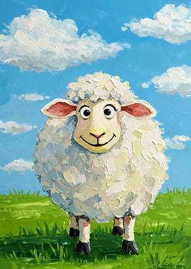 Cartoon Sheep in a Field Painting