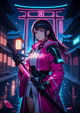 Anime Girl with Katana in Neon City