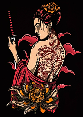 Geisha with Snake Tattoo Illustration
