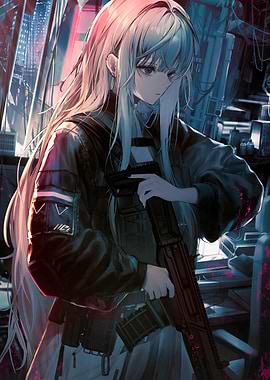 Girl with Gun in Cityscape