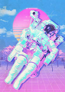 Vaporwave Astronaut in Retro Landscape