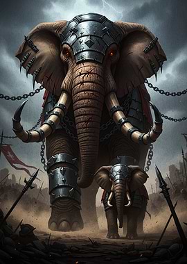Armored War Elephants in Battlefield Scene
