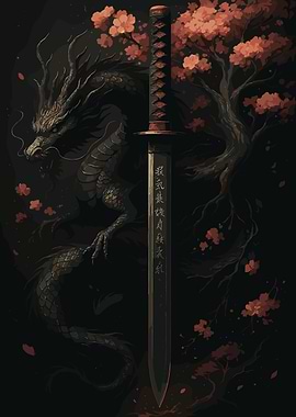 Dragon, Katana, and Cherry Blossoms Art