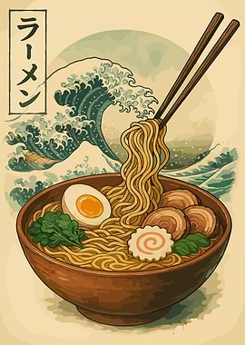 Ramen Bowl with Great Wave Background