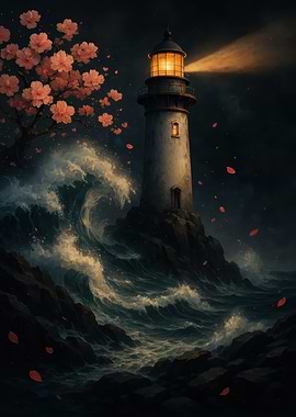 Lighthouse, Waves, and Cherry Blossoms