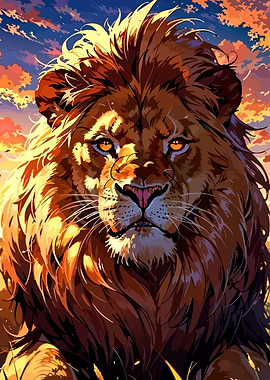Majestic Lion Portrait with Sunset Sky