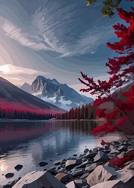 Mountain Lake Landscape with Red Foliage