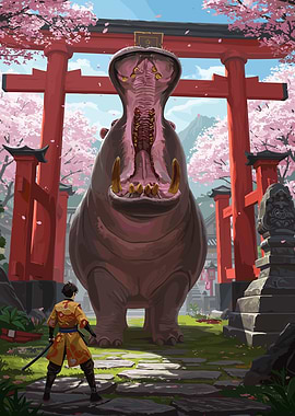 Samurai versus Giant Hippo in Japan