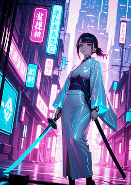 Cyberpunk Style Anime Girl Geisha with Neon Katana