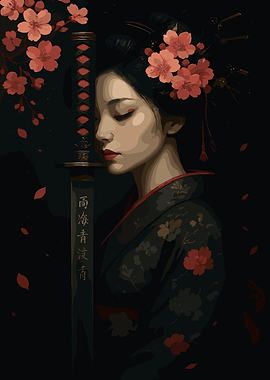 Geisha with Katana and Cherry Blossoms