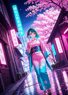 Anime Girl in Kimono with Cherry Blossoms
