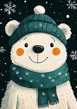Winter Polar Bear with Hat and Scarf