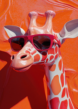 Giraffe with Sunglasses on Orange Background