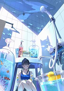 Anime Girl in Bathroom with Rubber Duck