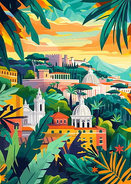 Rome Italy Tropical Mediterranean Scenery Minimalist Abstract Art Illustration