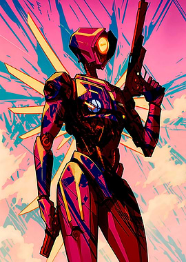 Stylized Robot Warrior with Gun in Ultrakill Game