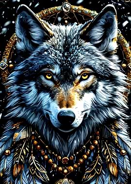 Wolf Portrait with Dreamcatcher Elements
